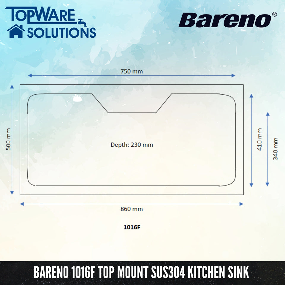 BARENO Kitchen Sink 1016F Top Mount SUS304 with 10 Year Warranty, Kitchen Sinks, BARENO - Topware Solutions
