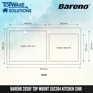 BARENO Kitchen Sink 2036F Top Mount SUS304 with 10 Year Warranty, Kitchen Sinks, BARENO - Topware Solutions