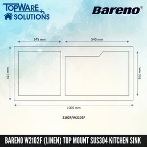 BARENO Kitchen Sink W2102F (Linen) Top Mount SUS304 with 10 Year Warranty, Kitchen Sinks, BARENO - Topware Solutions